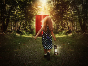 Child Walking In Woods To Glowing Red Door